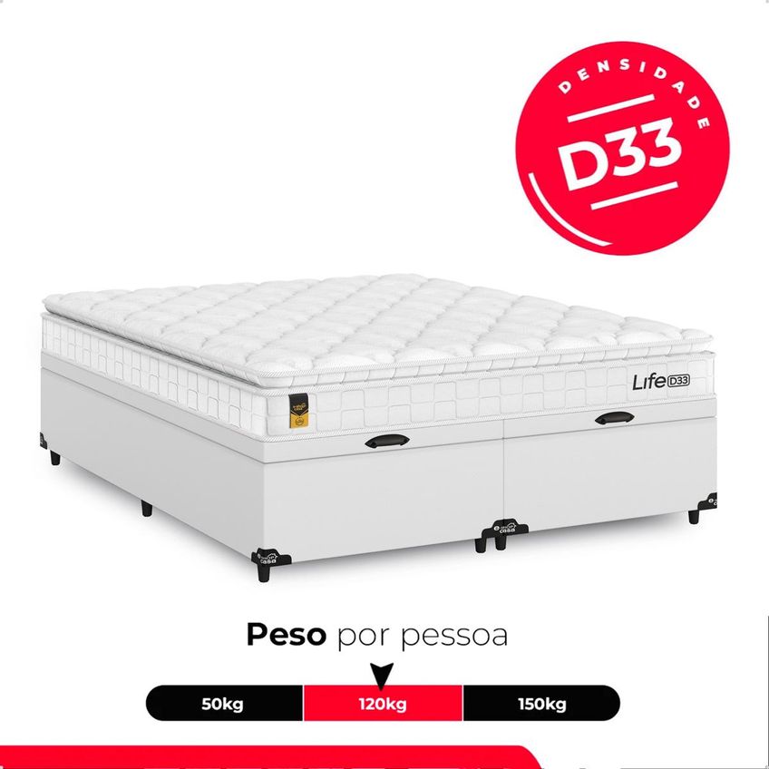 Cama Box Baú Queen Bipartido Couro Branco Colchão Life D33 Pillow Top 61x158x188cm Branco E-shop Casa - imagem 4