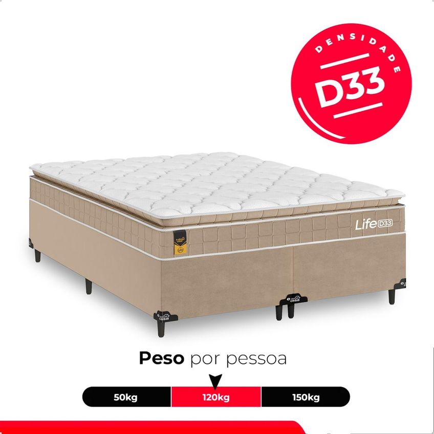 Cama Box Base Casal Bipartido Colchão Life D33 Pillow Top 61x138x188cm Bege E-shop Casa - imagem 5