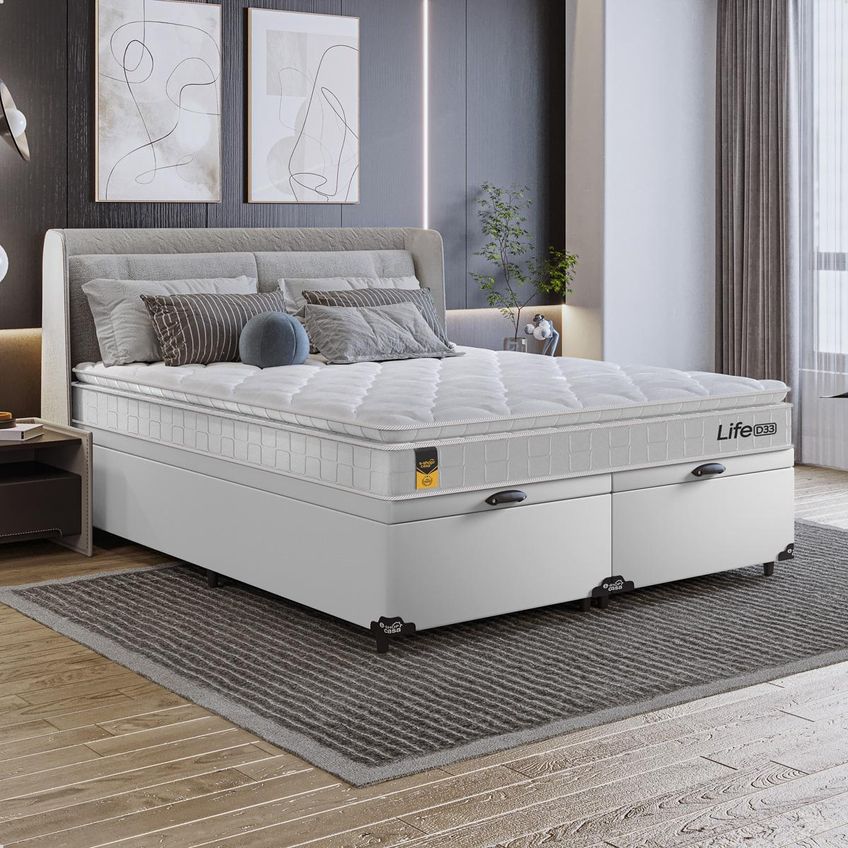 Cama Box Baú Queen Bipartido Couro Branco Colchão Life D33 Pillow Top 61x158x188cm Branco E-shop Casa - imagem 5