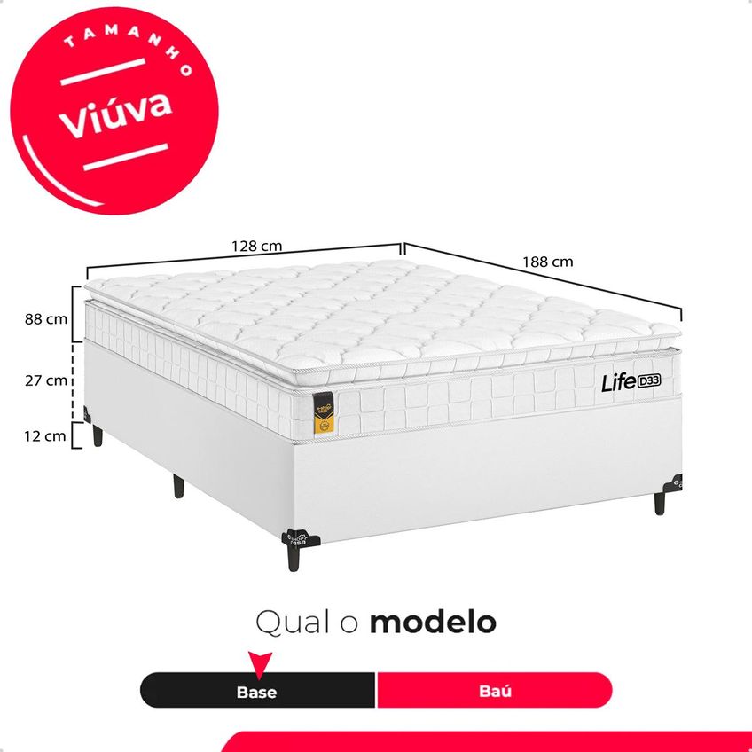 Cama Box Viúva Couro Branco + Colchão Life D33 Pillow Top Branco - 61x128x188cm - E-shop Casa - imagem 3