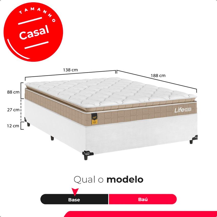 Cama Box Casal Couro Branco + Colchão Life D33 Pillow Top Bege - 61x138x188cm - E-shop Casa - imagem 3
