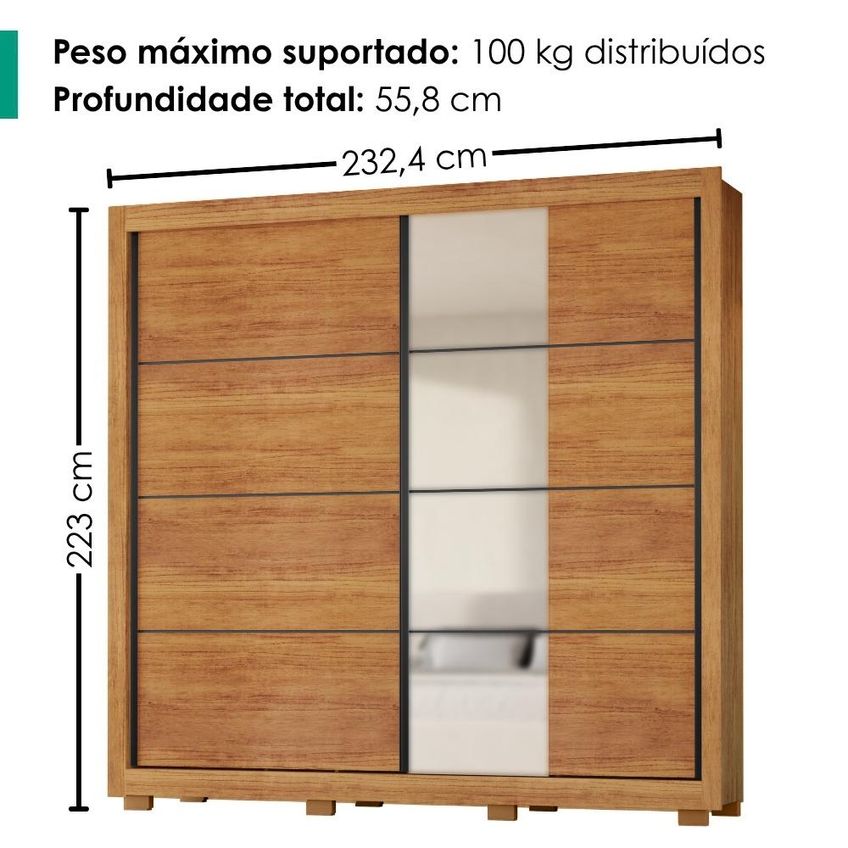 Guarda Roupa Casal 2 Portas De Correr Com Espelho 232 Cm Copacabana Cedro Rudk - imagem 3