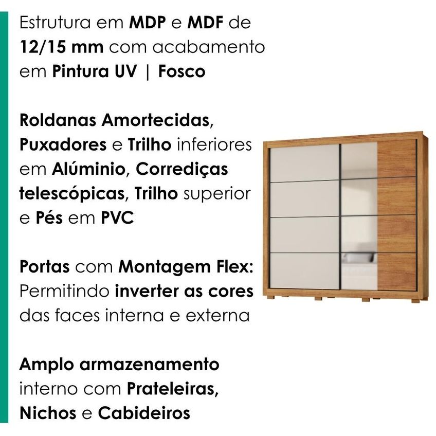 Guarda Roupa Casal 2 Portas De Correr Com Espelho 232 Cm Copacabana Cedro Rudk - imagem 5