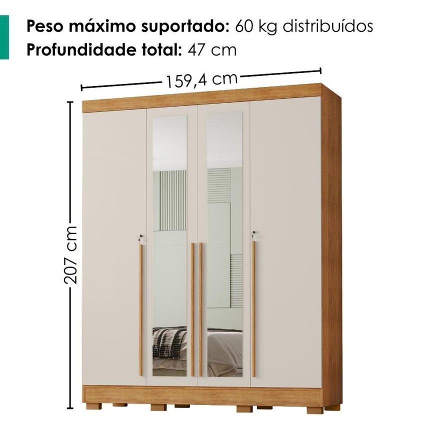 Guarda Roupa Casal Com Espelho 4 Portas 159 Cm Domus Cedro Areia Rudk - imagem 3