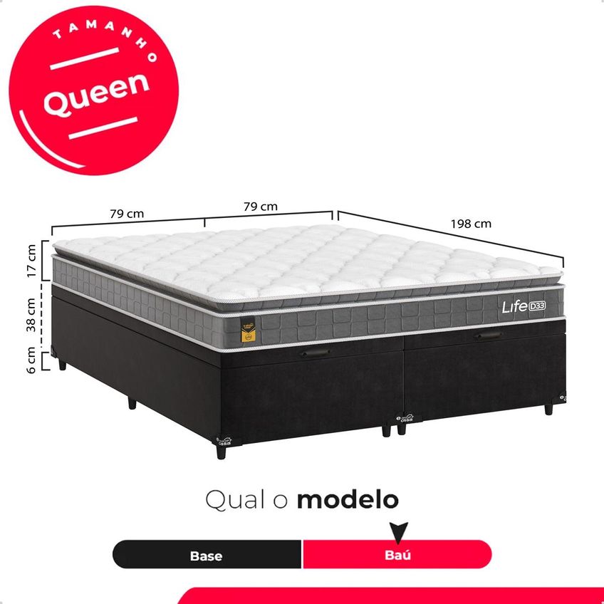 Cama Box Baú Queen Bipartido Preto + Colchão Life D33 Pillow Top 61x158x188cm Cinza E-shop Casa - imagem 3
