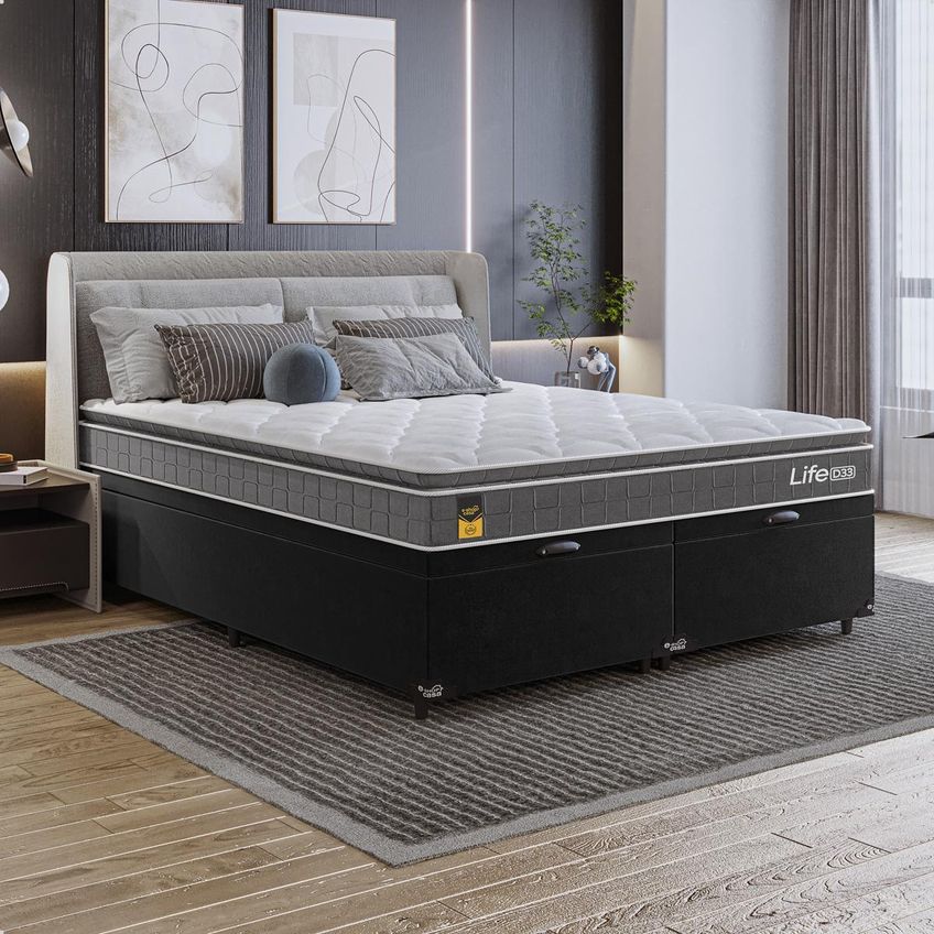 Cama Box Baú Queen Bipartido Preto + Colchão Life D33 Pillow Top 61x158x188cm Cinza E-shop Casa - imagem 5