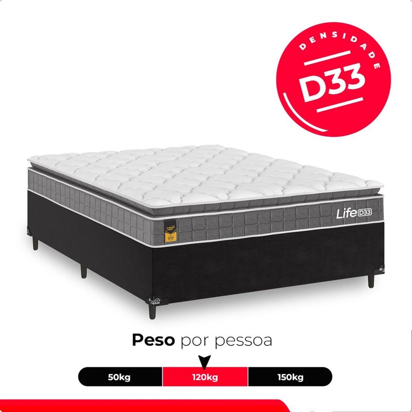 Cama Box Casal Preto + Colchão Life D33 Pillow Top Cinza 61x138x188cm - E - Shop Casa - imagem 5