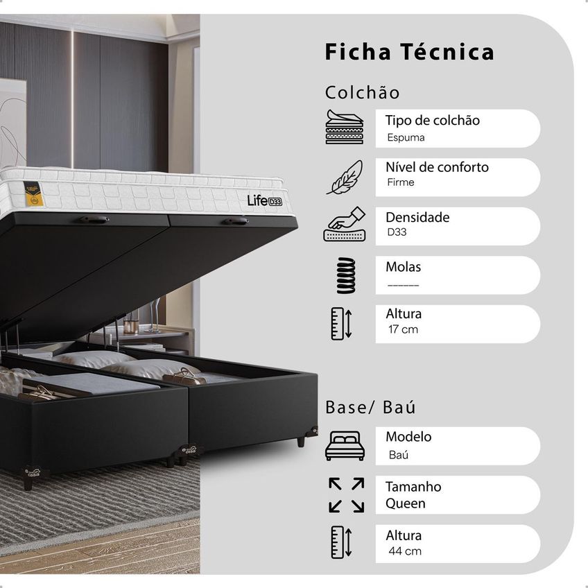 Cama Box Baú Queen Bipartido Couro Preto Colchão Life D33 Pillow Top 61x158x188cm Branco E-shop Casa - imagem 2