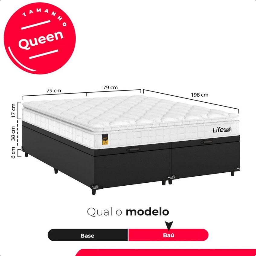 Cama Box Baú Queen Bipartido Couro Preto Colchão Life D33 Pillow Top 61x158x188cm Branco E-shop Casa - imagem 3