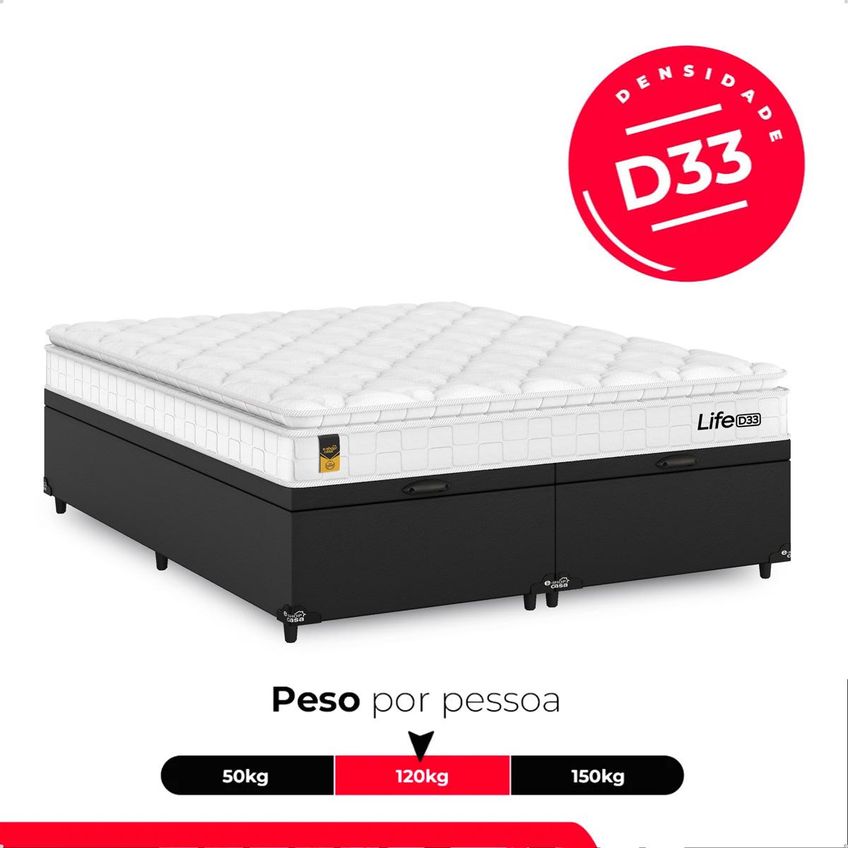 Cama Box Baú Queen Bipartido Couro Preto Colchão Life D33 Pillow Top 61x158x188cm Branco E-shop Casa - imagem 4