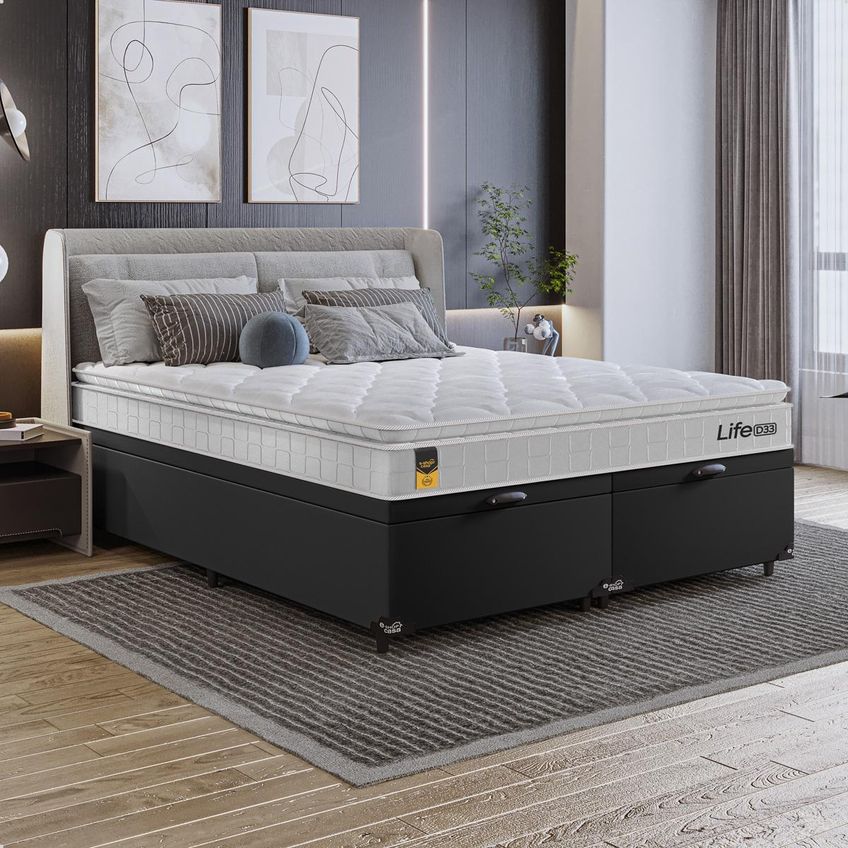 Cama Box Baú Queen Bipartido Couro Preto Colchão Life D33 Pillow Top 61x158x188cm Branco E-shop Casa - imagem 5