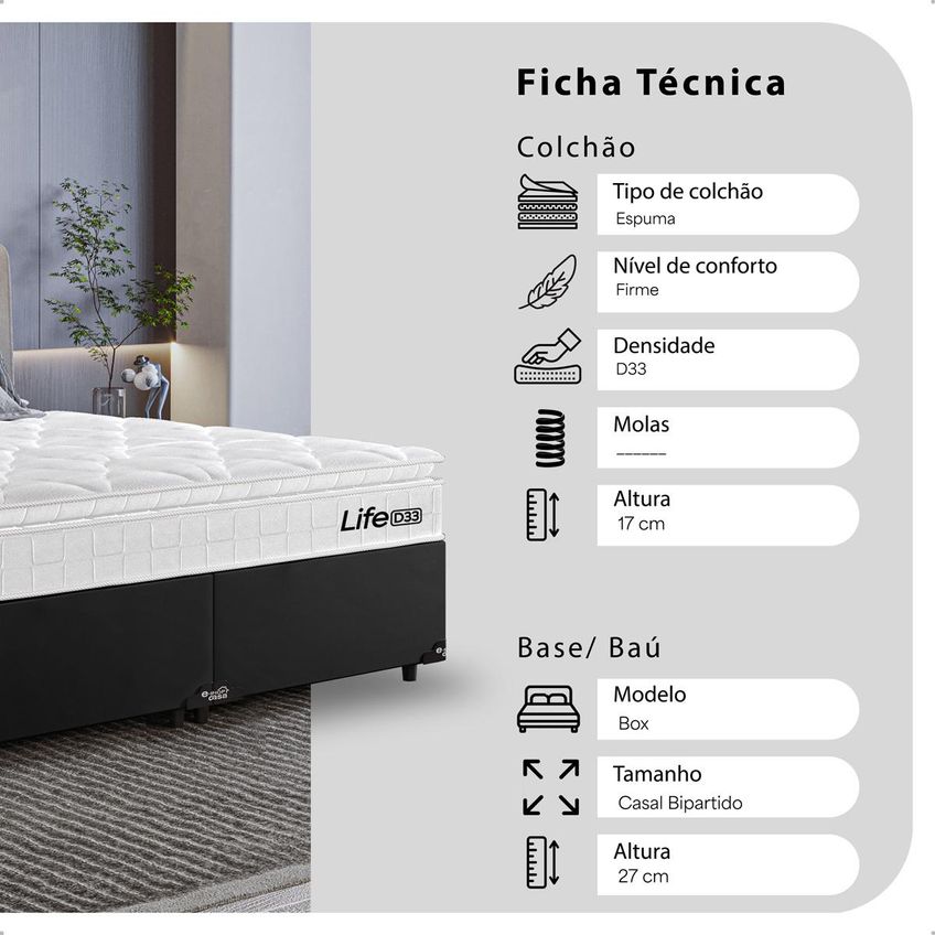Cama Box Base Casal Bipartido Couro Preto Colchão Life D33 Pillow Top Branco 61x138x188cm E-shop Casa - imagem 2
