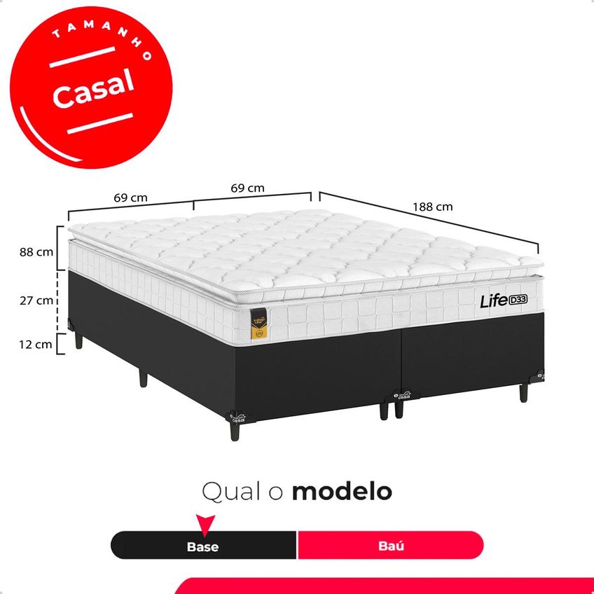 Cama Box Base Casal Bipartido Couro Preto Colchão Life D33 Pillow Top Branco 61x138x188cm E-shop Casa - imagem 3