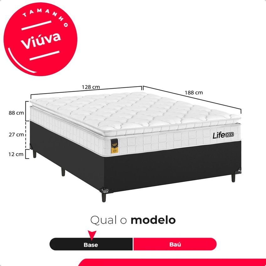 Cama Box Viúva Couro Preto Colchão Life D33 Pillow Top Branco 61x128x188cm E-shop Casa - imagem 3