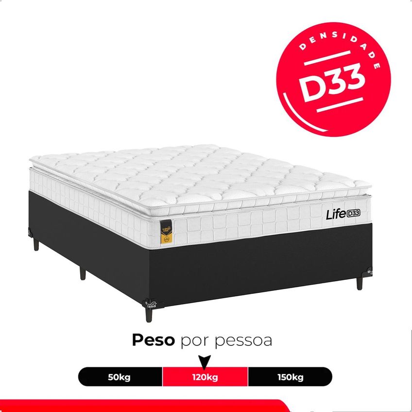 Cama Box Viúva Couro Preto Colchão Life D33 Pillow Top Branco 61x128x188cm E-shop Casa - imagem 5