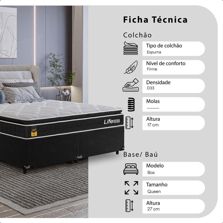 Cama Box Base Queen Colchão Life D33 Pillow Top 61x158x188cm Preto E-shop Casa - imagem 2