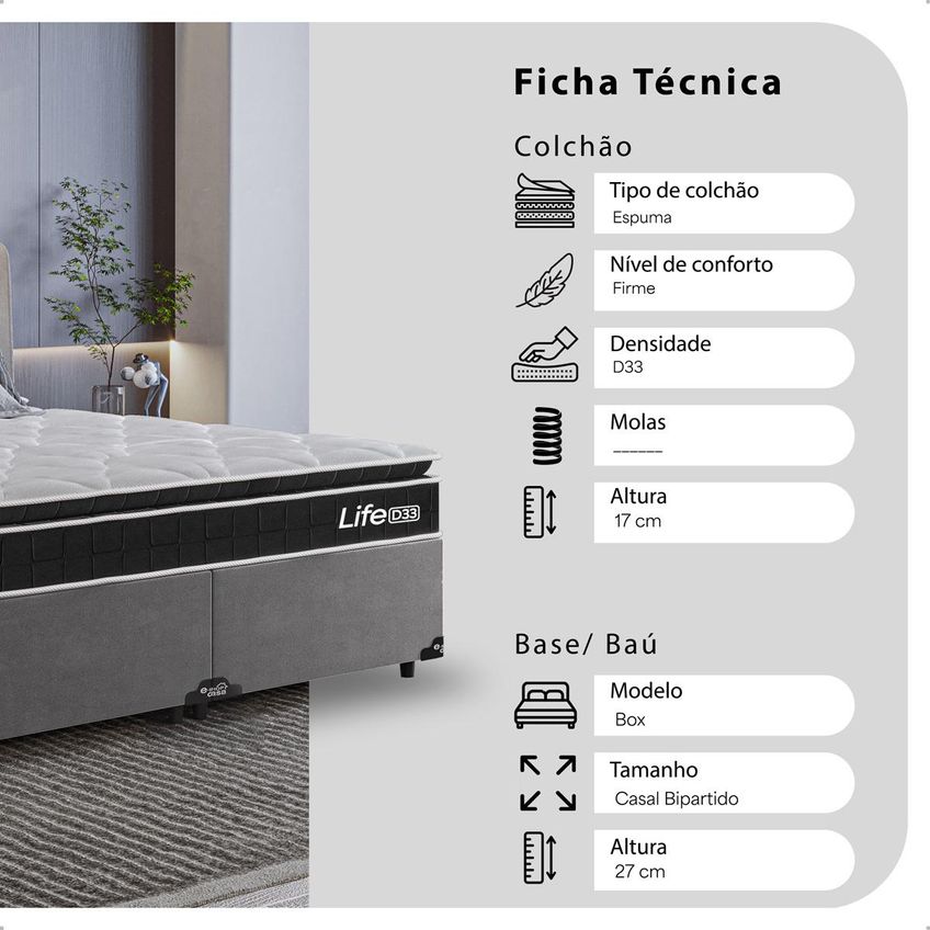Cama Box Base Queen Cinza Colchão Life D33 Pillow Top Preto 61x158x188cm E-shop Casa - imagem 2