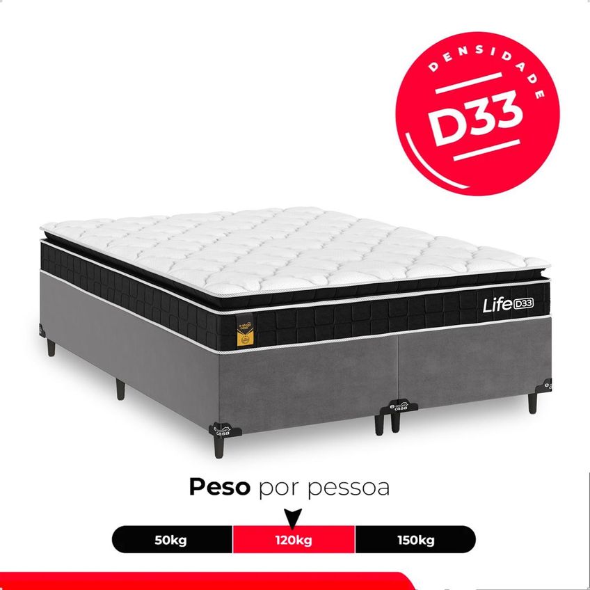 Cama Box Base Queen Cinza Colchão Life D33 Pillow Top Preto 61x158x188cm E-shop Casa - imagem 5