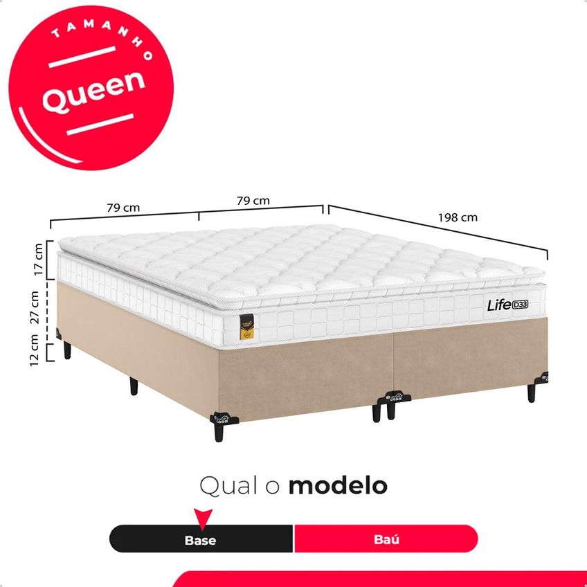 Cama Box Queen Bege Colchão Life D33 Pillow Top Branco 61x158x188cm E-shop Casa - imagem 3