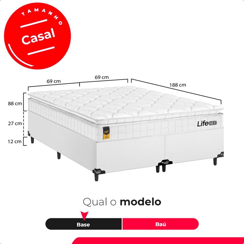 Cama Box Casal Bipartido Couro Branco Colchão Life D33 Pillow Top Branco 61x138x188cm E-shop Casa - imagem 3