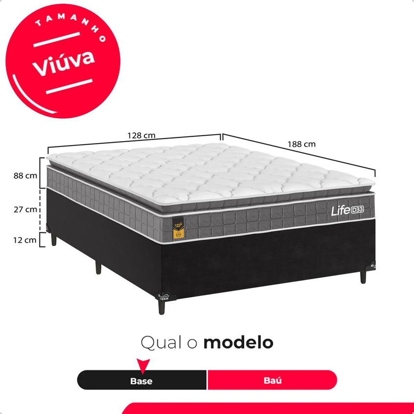 Cama Box Viúva Preto + Colchão Life D33 Pillow Top Cinza 61x128x188cm - E-shop Casa - imagem 3