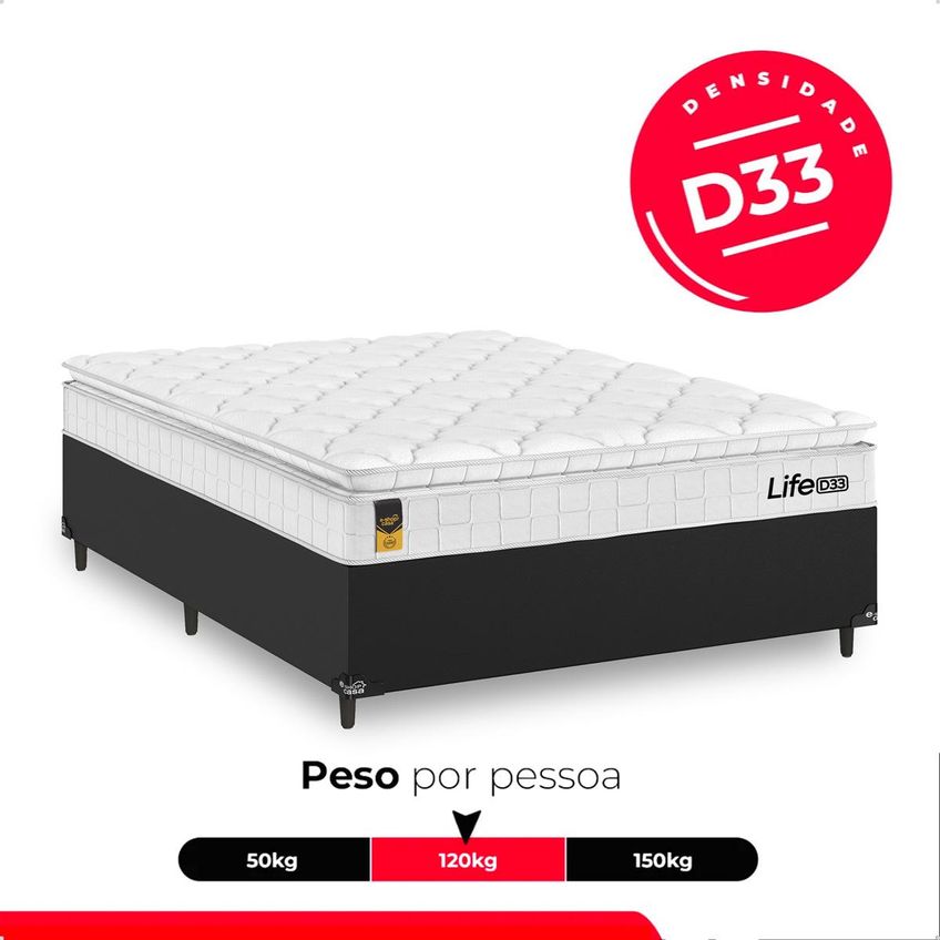 Cama Box Casal Couro Preto + Colchão Life D33 Pillow Top Branco - 61x138x188cm - E-shop Casa - imagem 5