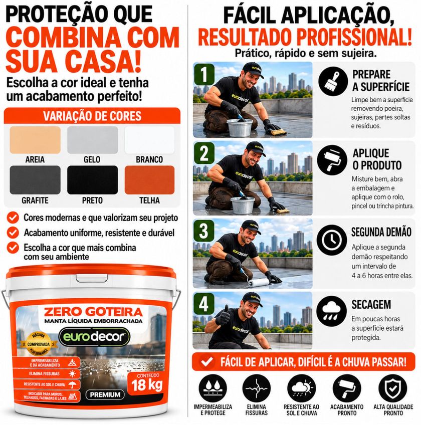 Manta Líquida Emborrachada Impermeabilizante Zero Goteira Areia 18 Kg Eurodecor - imagem 5