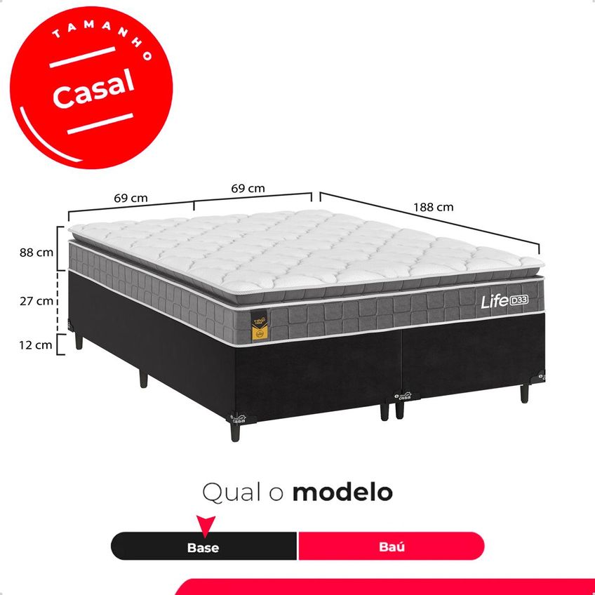 Cama Box Casal Bipartido Preto Colchão Life D33 Pillow Top Cinza 61x138x188cm E-shop Casa - imagem 3