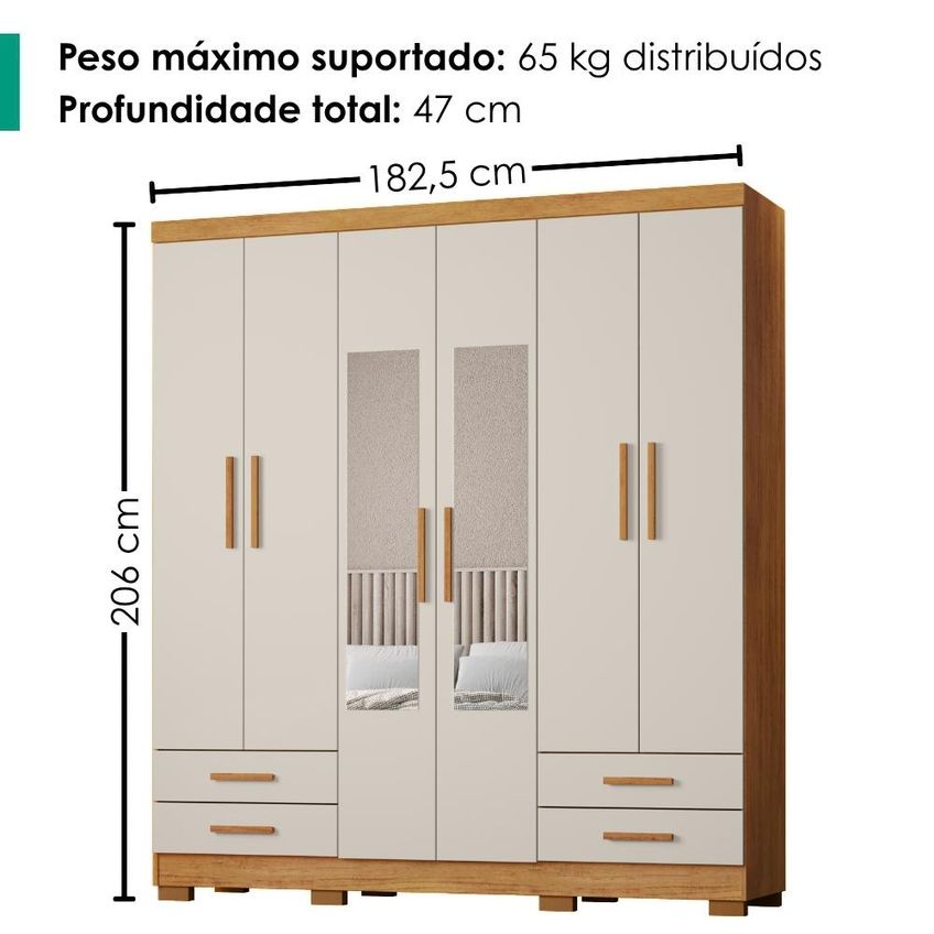 Guarda Roupa Casal 6 Portas Com Espelho 182 Cm Santiago Cedro Areia Rudk - imagem 3