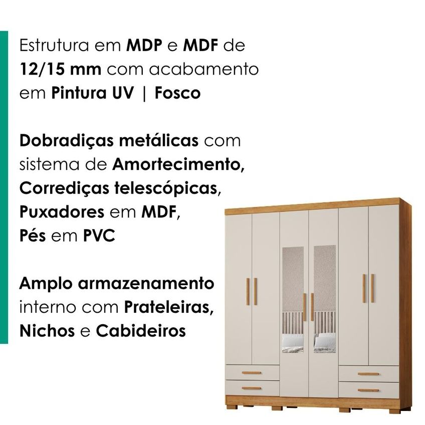 Guarda Roupa Casal 6 Portas Com Espelho 182 Cm Santiago Cedro Areia Rudk - imagem 5