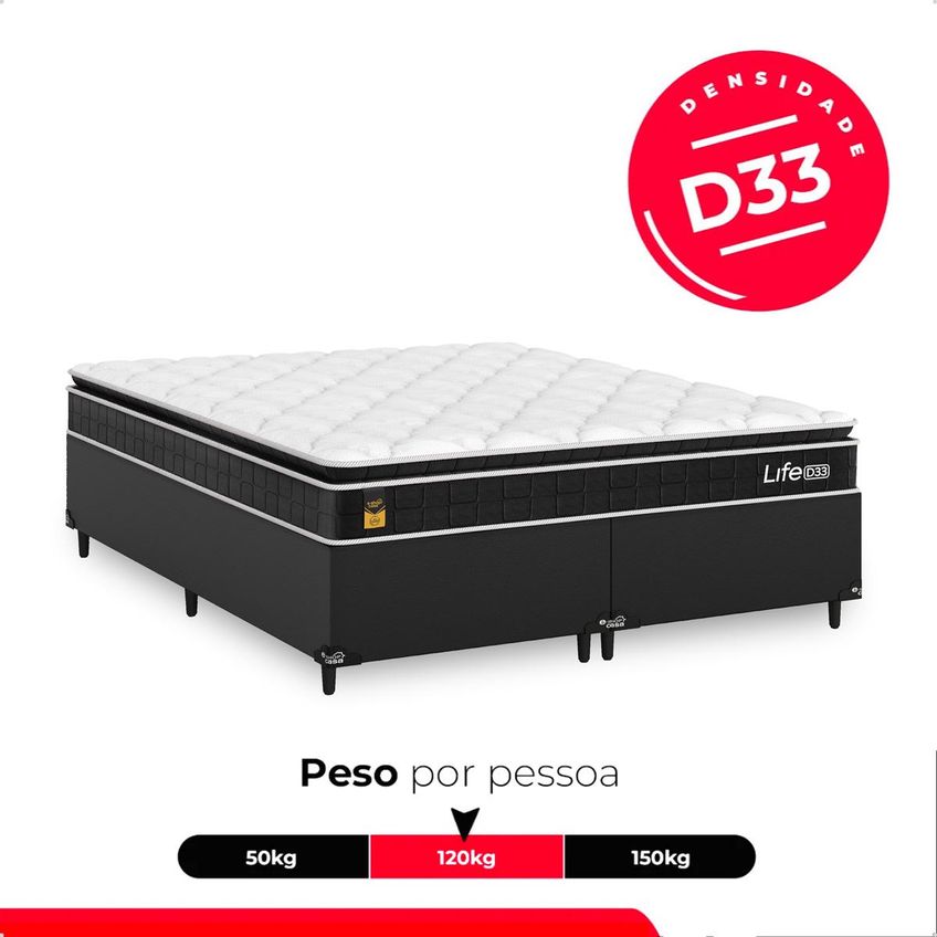 Cama Box Base Queen Couro Preto Colchão Life D33 Pillow Top Preto 61x158x188cm E-shop Casa - imagem 5