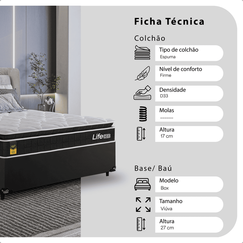 Cama Box Base Viúva Colchão Life D33 Pillow Top 61x128x188cm Preto e-shop Casa - imagem 2