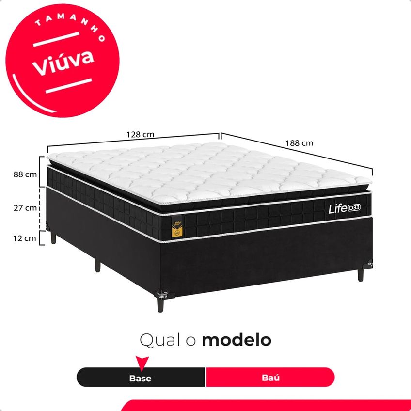 Cama Box Base Viúva Colchão Life D33 Pillow Top 61x128x188cm Preto e-shop Casa - imagem 3