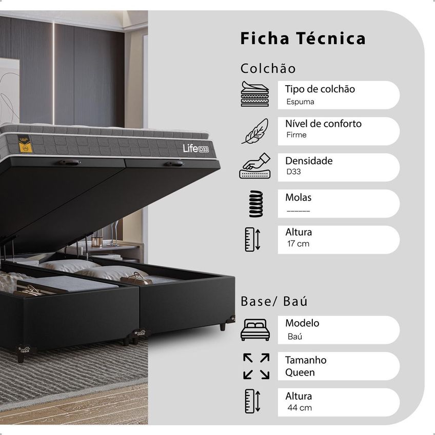 Cama Box Baú Queen Bipartido Couro Preto Colchão Life D33 Pillow Top 61x158x188cm Cinza E-shop Casa - imagem 2