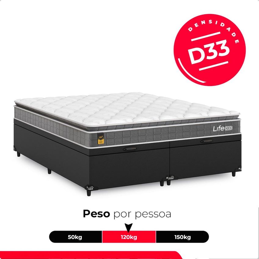 Cama Box Baú Queen Bipartido Couro Preto Colchão Life D33 Pillow Top 61x158x188cm Cinza E-shop Casa - imagem 4