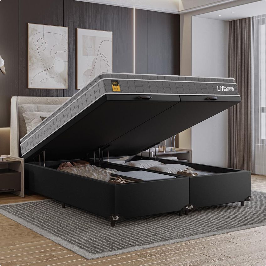 Cama Box Baú Queen Bipartido Couro Preto Colchão Life D33 Pillow Top 61x158x188cm Cinza E-shop Casa - imagem 5