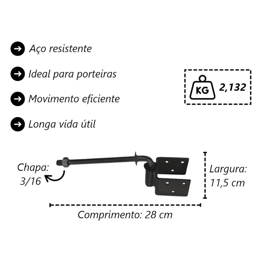 Kit 3 Dobradiças Em Aço Boca De Lobo Par 3/16 280x115x65mm - imagem 3