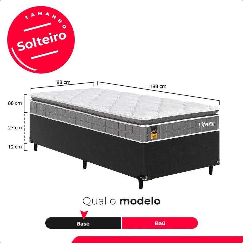 Cama Box Base Solteiro Preto Colchão Life D33 Pillow Top 61x88x188cm Cinza e-shop Casa - imagem 3
