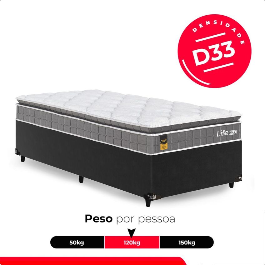 Cama Box Base Solteiro Preto Colchão Life D33 Pillow Top 61x88x188cm Cinza e-shop Casa - imagem 5