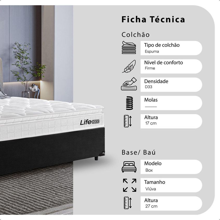 Cama Box Viúva Preto Colchão Life D33 Pillow Top Branco 61x128x188cm E-shop Casa - imagem 2