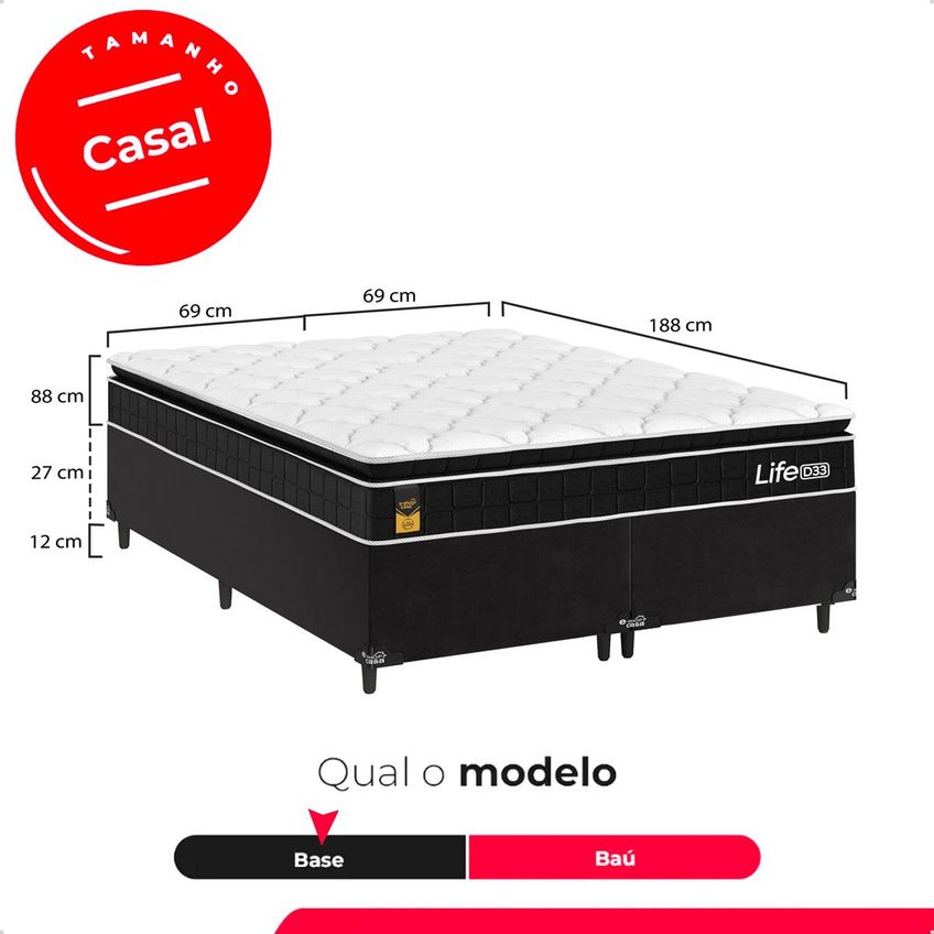 Cama Box Base Casal Bipartido Colchão Life D33 Pillow Top 61x138x188cm Preto E-shop Casa - imagem 3