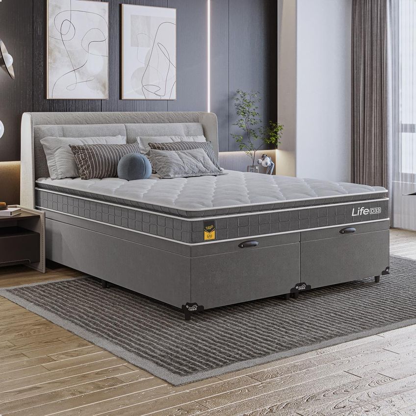 Cama Box Baú Queen Bipartido Colchão Life D33 Pillow Top 61x158x188cm Cinza E-shop Casa - imagem 5
