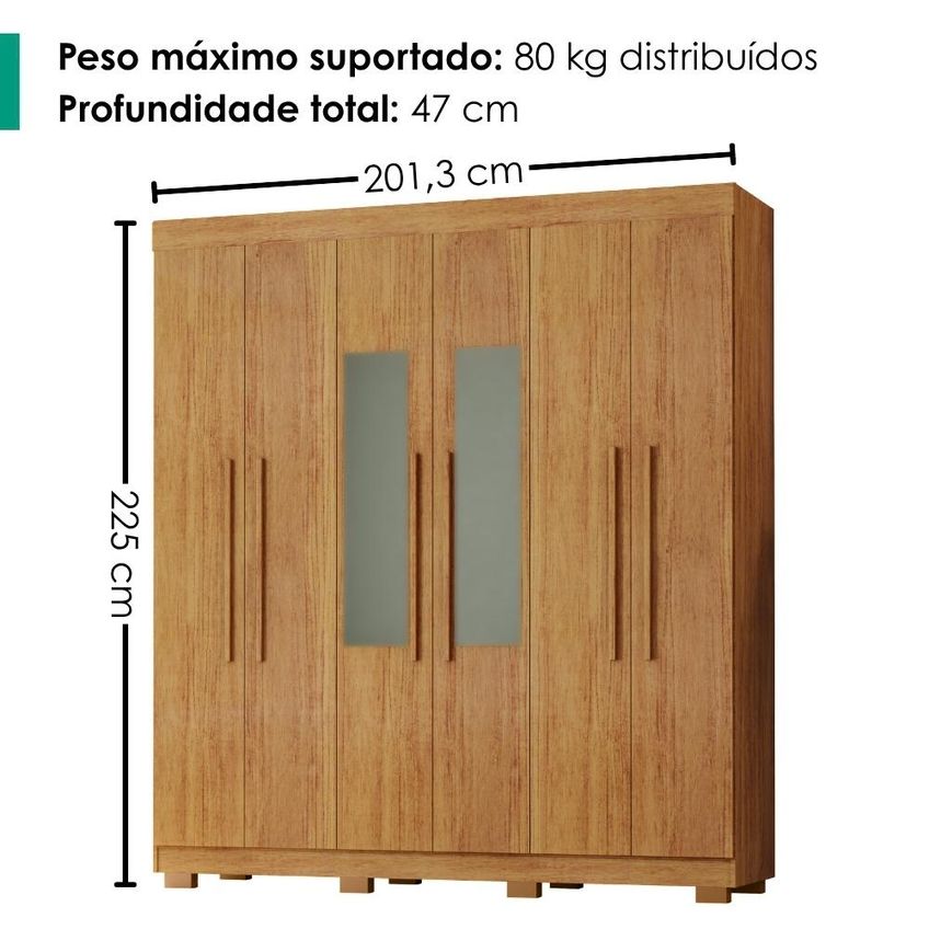 Guarda Roupa Casal 6 Portas Com Espelho 201 Cm Porto Bello Cedro Rudk - imagem 3