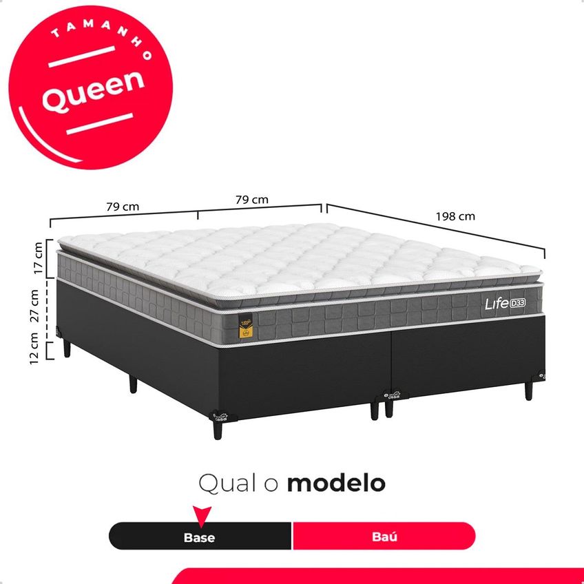 Cama Box Base Queen Couro Preto Colchão Life D33 Pillow Top Cinza 61x158x188cm E-shop Casa - imagem 3