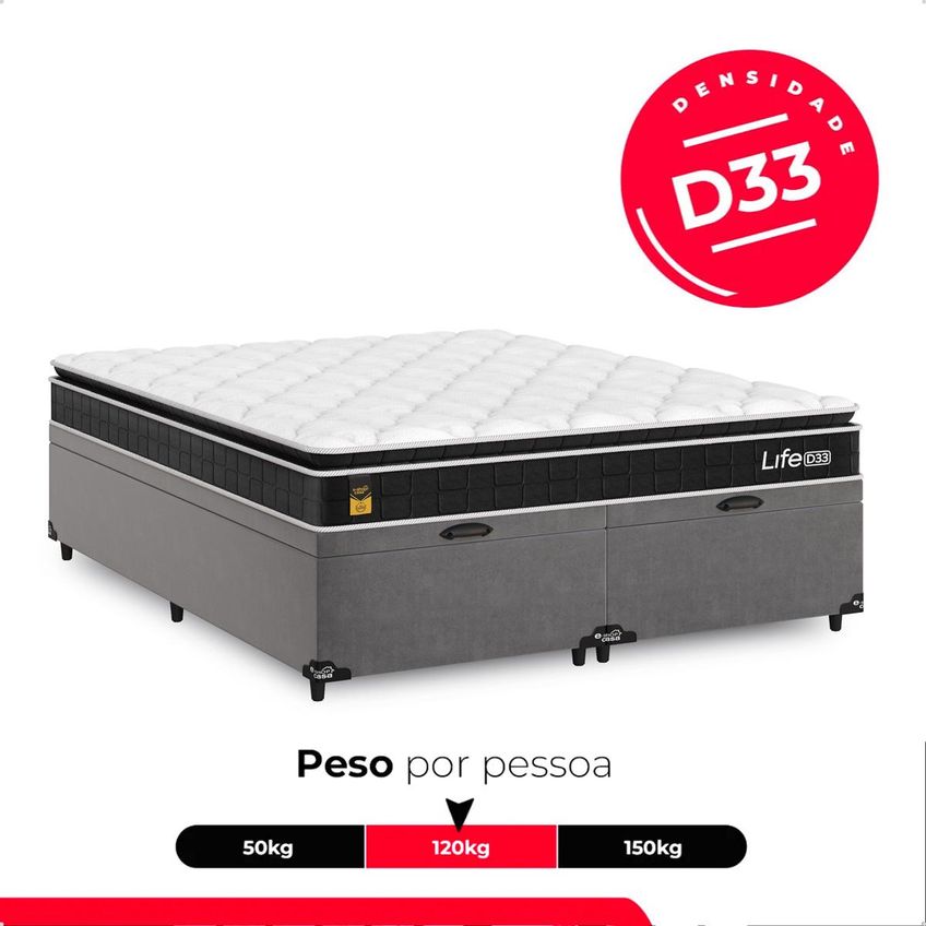Cama Box Baú Queen Bipartido Cinza Colchão Life D33 Pillow Top 61x158x188cm Preto E-shop Casa - imagem 4