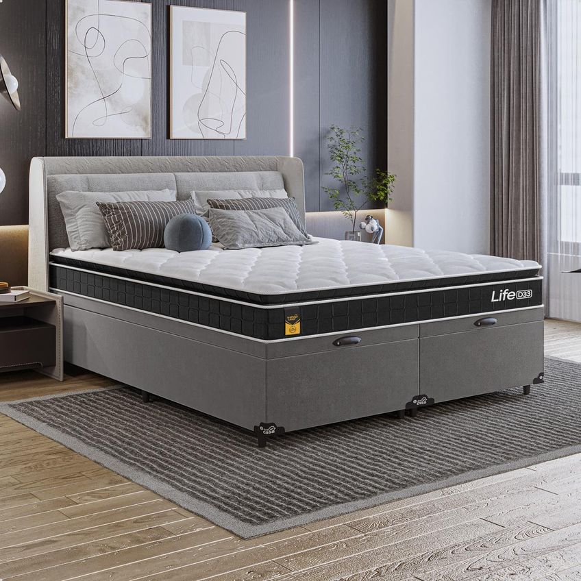 Cama Box Baú Queen Bipartido Cinza Colchão Life D33 Pillow Top 61x158x188cm Preto E-shop Casa - imagem 5