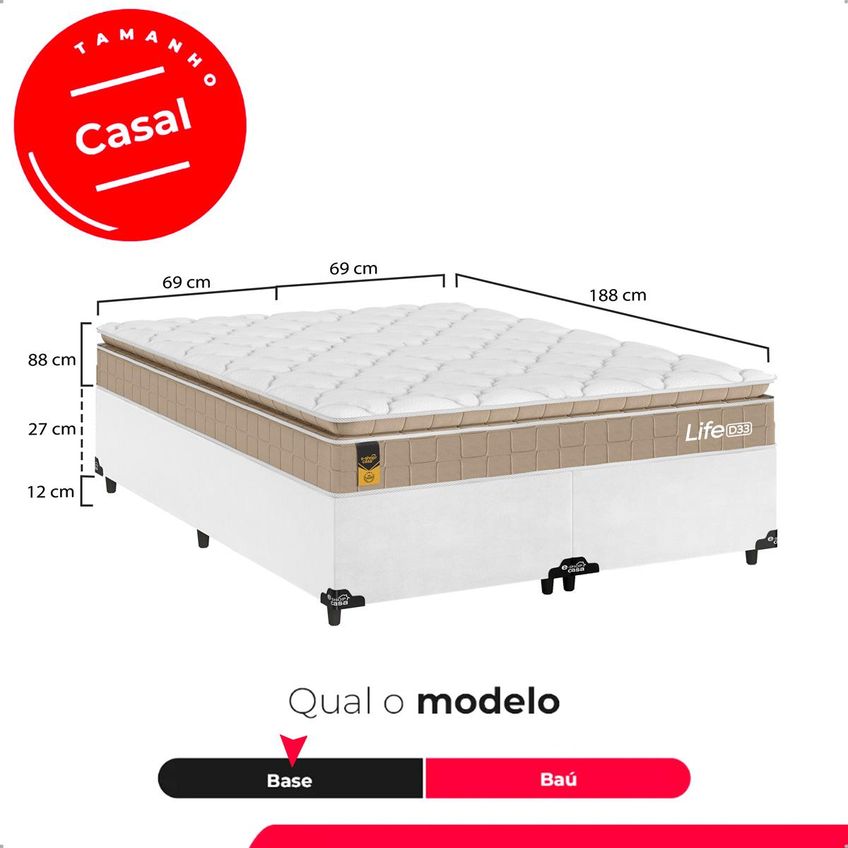 Cama Box Base Casal Bipartido Couro Branco Colchão Life D33 Pillow Top Bege 61x138x188cm E-shop Casa - imagem 3