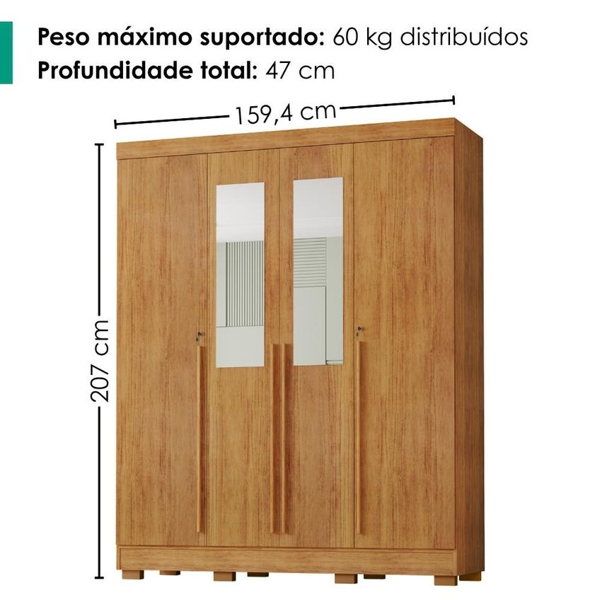 Guarda Roupa Casal 4 Portas Com Espelho 159 Cm Domus Cedro Rudk - imagem 3