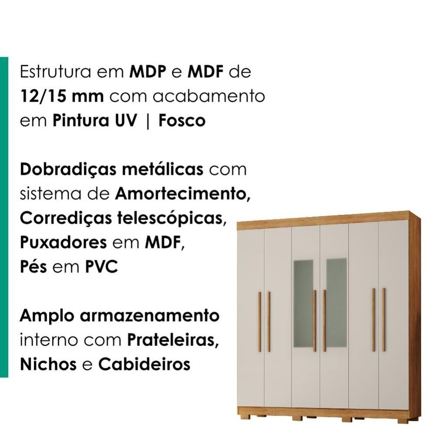 Guarda Roupa Casal 6 Portas Com Espelho 201 Cm Porto Bello Cedro Areia Rudk - imagem 5