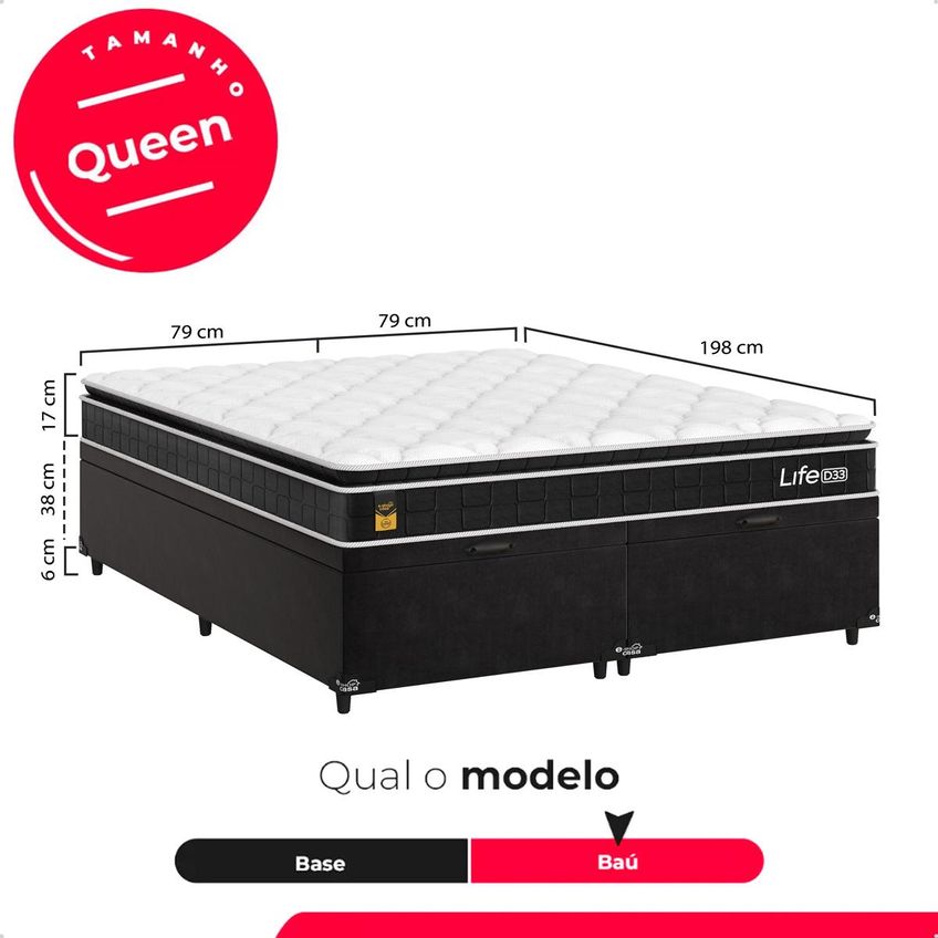 Cama Box Baú Bipartido Queen Colchão Life D33 Pillow Top 61x158x188cm Preto E-shop Casa - imagem 3